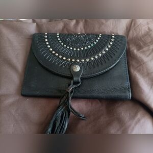 PATRICIA NASH Silver Studded Leather Purse Wallet Black Fringe